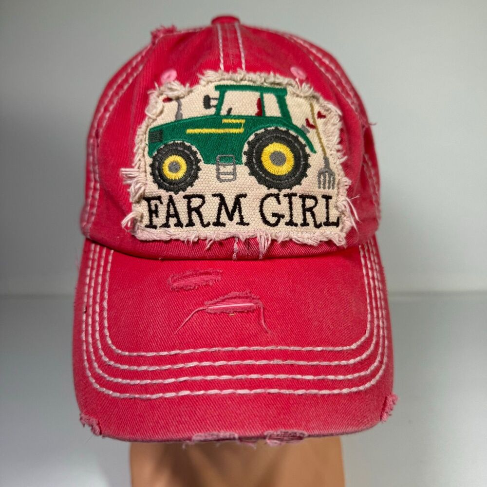Farm Girl Baseball Cap Hat Tractor Embroidered Emblem Kbethos Vintage Red Cute